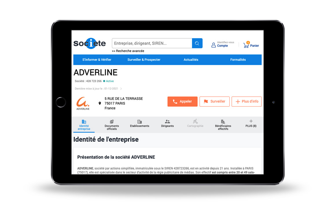 Site Societe.com optimisé pour tablette